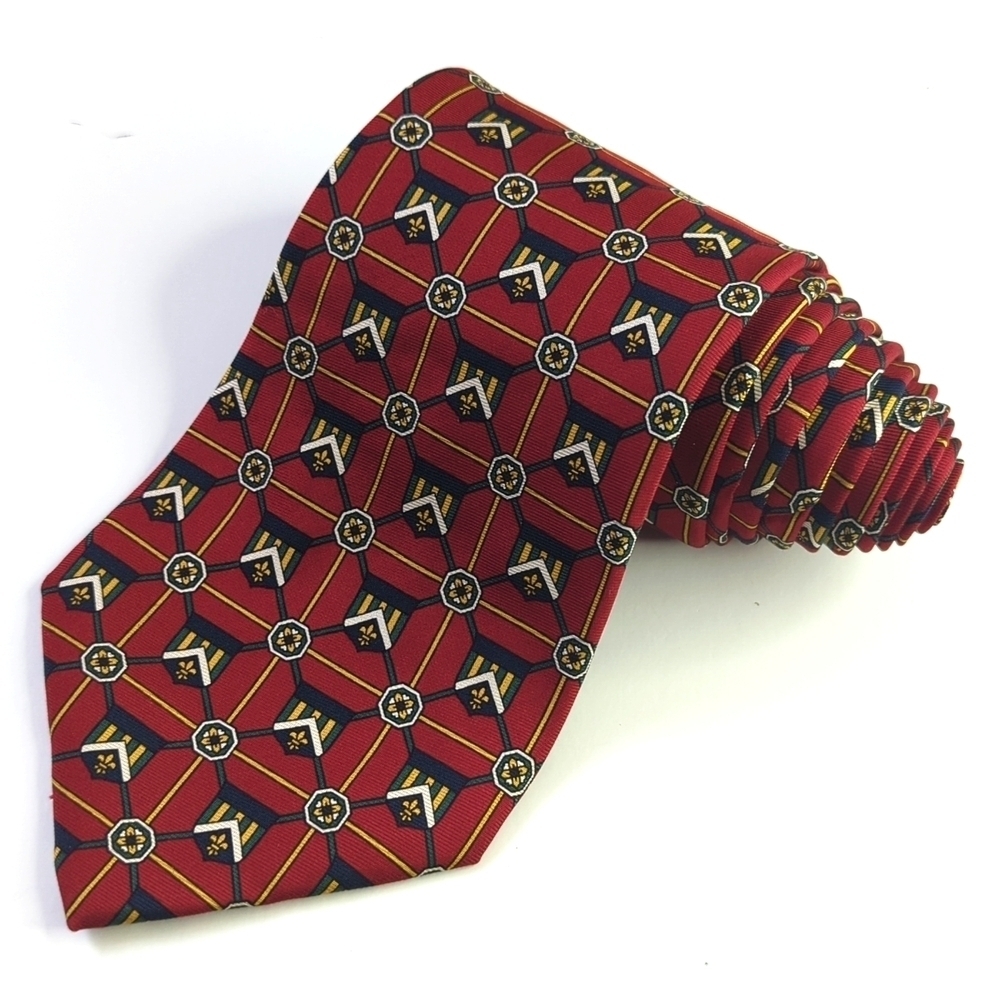 Tommy Hilfiger 90's Vintage Crest Banner Printed Italian Silk Neck Tie Red Navy